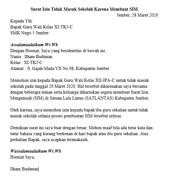 Surat izin tidak masuk sekolah karena ada acara keluarga