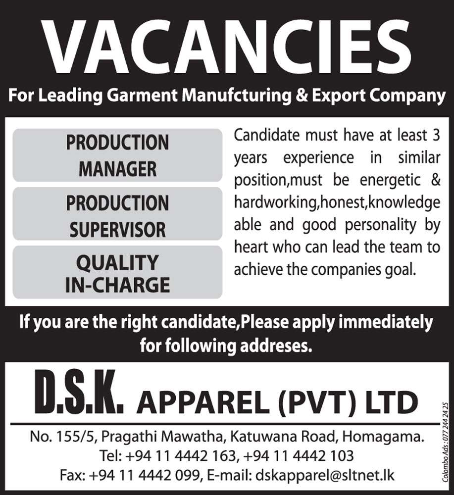 Lanka Jobs Netwok Vacancies in leading Garment manufacturing firm