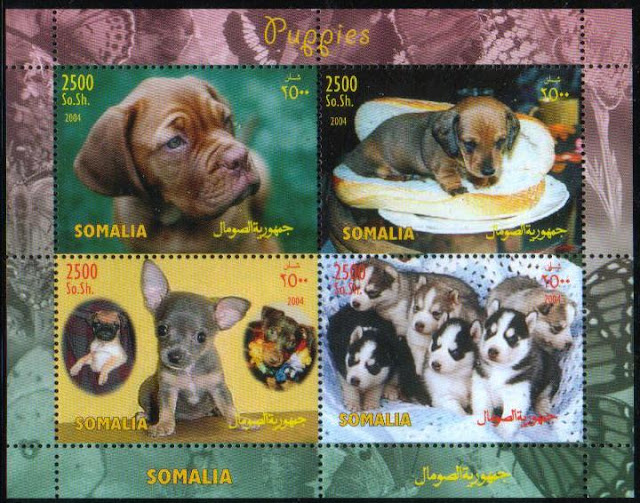 2004年ソマリア民主共和国 ボルドー・マスティフ ダックスフンド パグ チワワ ミニチュア・ピンシャー シベリアン・ハスキーの子犬の切手シート