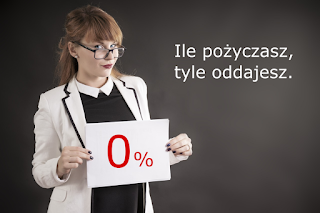 Zdjęcie kobiety z tabliczką reklamującą pożyczki za 0 zł i slogan reklamowy.