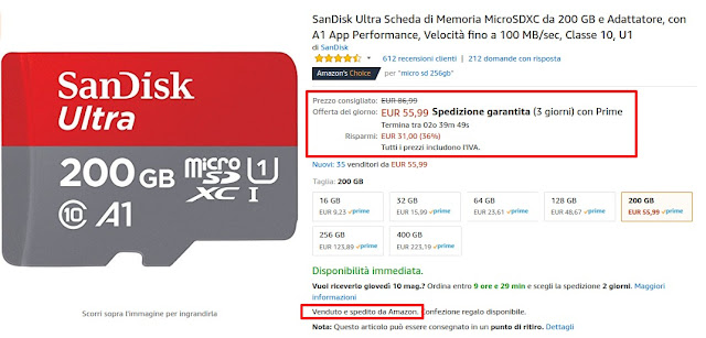 Offerta del giorno: microSD 200 GB SanDisk Classe 10, U1 a 55 euro venduta e spedita da Amazon