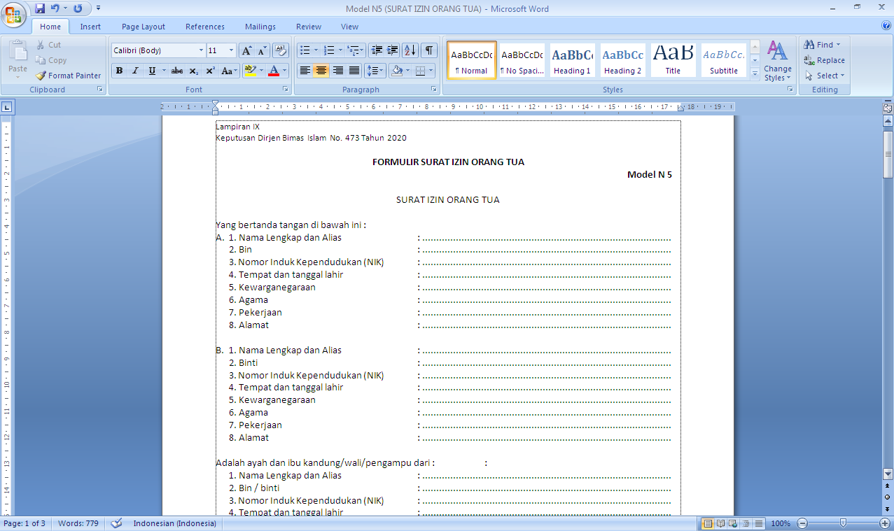 Surat Izin Orang Tua Model N5 Terbaru 2020 Antapedia Com