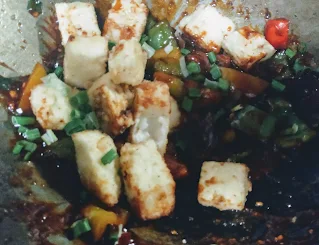 Fried paneer, vegetables with sauces for chilli paneer recipe