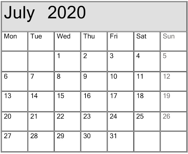 July 2020 Calendar Word , Excel Template