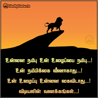 உன்னை நம்பு உன் உழைப்பை நம்பு...! உன் நம்பிக்கை வீணாகாது...! உன் உழைப்பு உன்னை கைவிடாது...! விடியலின் வணக்கங்கள்...!