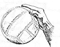 يؤدى تمرير الكرة بالأصابع لأعلى وللخلف من وضع وقوف فتحاً باتساع الحوض مع ثني الركبتين قليلاً , ميل الجذع للأمام قليلاً والنظر باتجاه الكرة