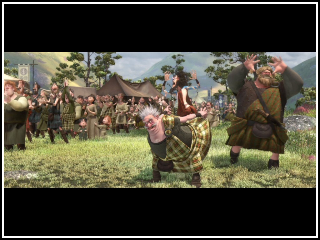 A kilted man carrying another man on his back in Brave 2012 animatedfilmreviews.filminspector.com