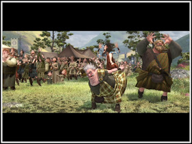 A kilted man carrying another man on his back in Brave 2012 animatedfilmreviews.filminspector.com