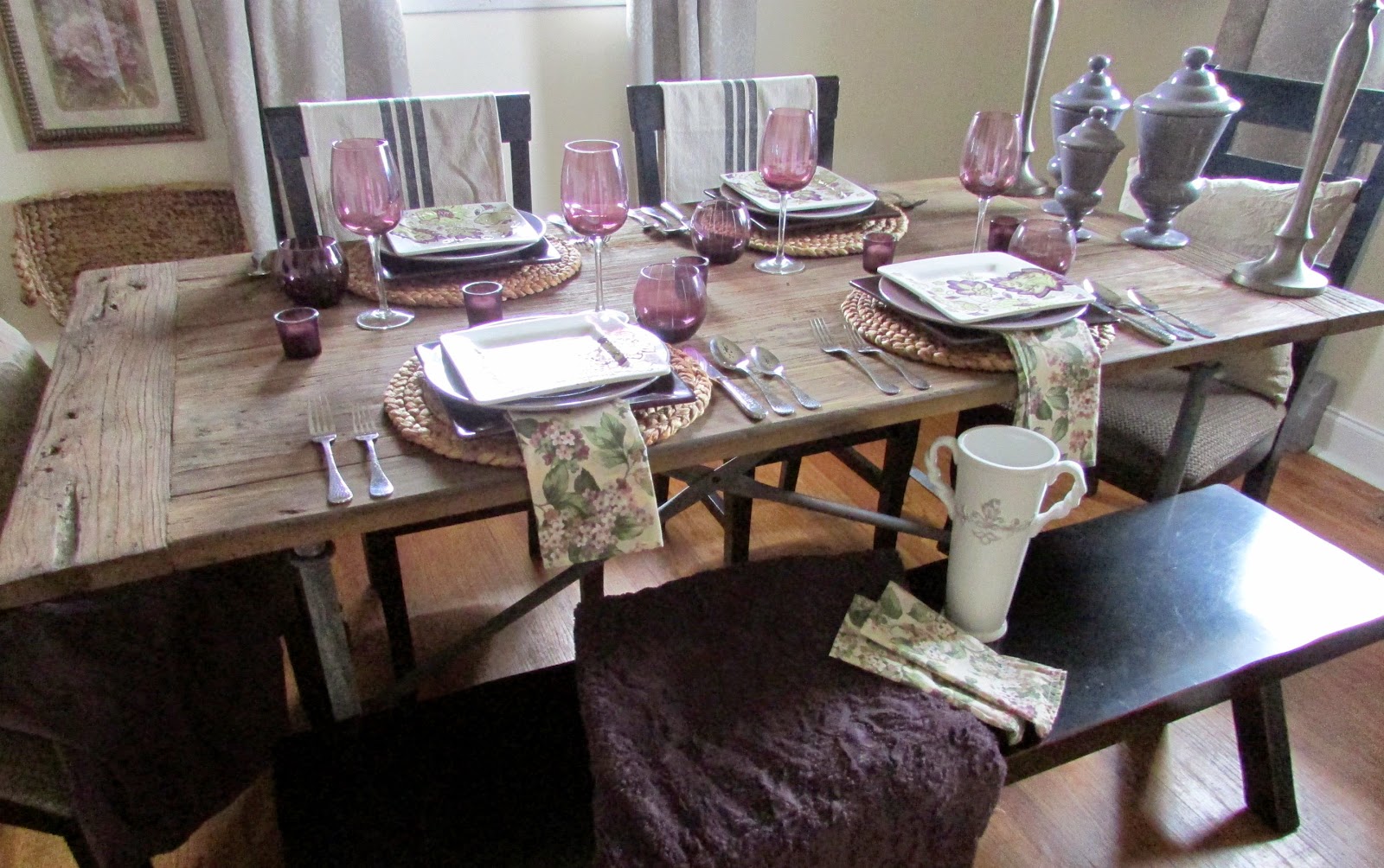 Purple Dishes on a Rainy Day Tablescape