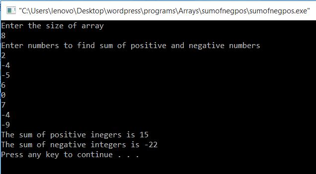 To find Sum of Negative and Positive integers