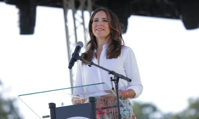 Crown Princess Mary wore a new cassia patch floral-print cotton midi skirt by Zimmermann. Rebekka Notkin necklace