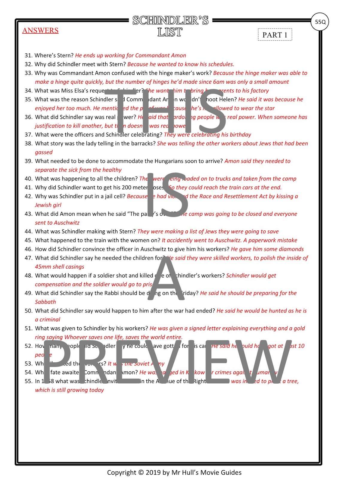 Schindler's List Movie Guide + Activities Answer Keys Included