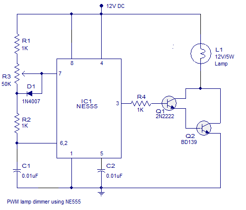Using NE555 PWM lamp dimmer Circuit Diagram