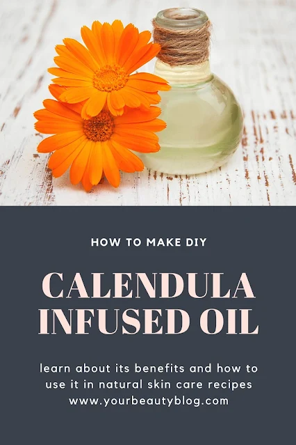 How to make DIY calendula oil at home. This herb is excellent for natural beauty and natural skin care. Use the dried flower and a carrier oil like sweet almond oil, argan oil, or avocado oil to make a calendula infused oil with the benefits of the oil and the flower. Make calendula herbal infused oil in different recipes for your face, skin, or hair.  Learn about calendula oil benefits skin care and uses for this DIY herbal oil. #calendula #calendulaoil #diy