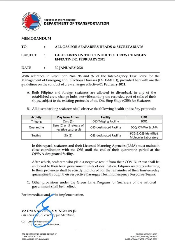 Department of Transportation (DOTr) Memorandum re Guidelines on the Conduct of Crew Changes Effective 01 February 2021 dated 30 January 2021.