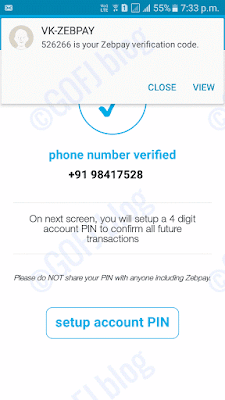 Zebpay mobile verification code SMS received