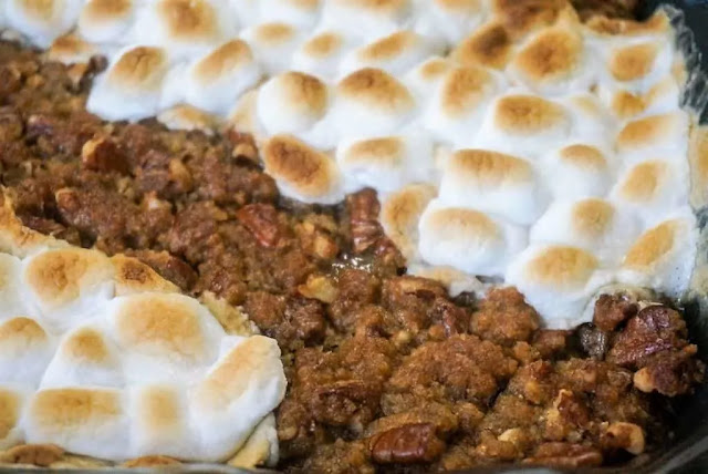 Sweet Potato Casserole With Pecan Topping And Marshmallows