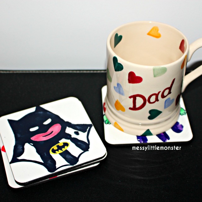 How to make superhero handprint coasters. A kid made gift idea for fathers day