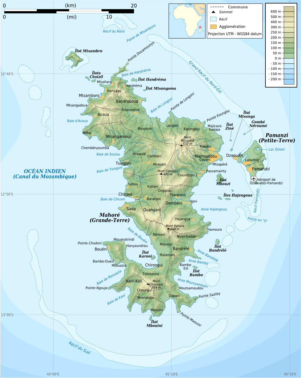 Topographic map of Mayotte, an Indian Ocean island group which is part of France, and which became officially part of the European Union as well on January 1, 2014