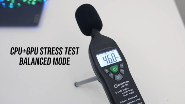 The sound level of fans during CPU+GPU stress tests found 46 dB on average. It just a slight jump from the level measured in Quiet mode for the same tests.