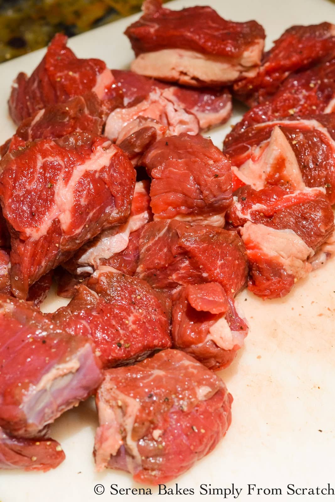 3 pounds Beef Chuck Roast cut into 1" pieces for Guinness Beef Stew recipe from scratch.