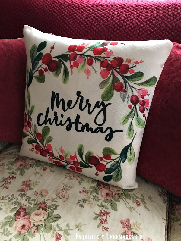 Merry Christmas Pillow on floral pillow