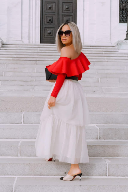 cold shoulder red top with tulle skirt