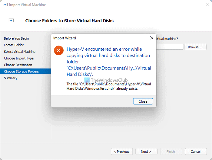 Hyper-V ha riscontrato un errore durante la copia dei dischi rigidi virtuali nella cartella di destinazione