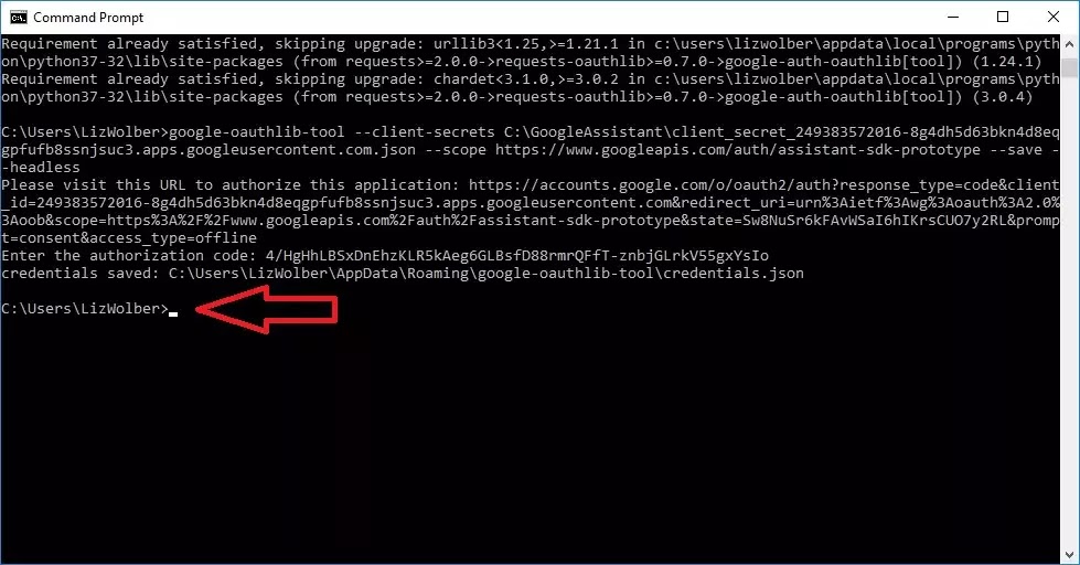 Command Prompt screen after authorization code is pasted. Shows message