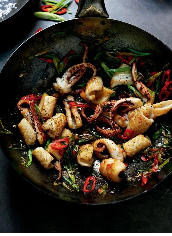 Stir-Fried Salt And Pepper Squid With Red Chilli And Spring Onion