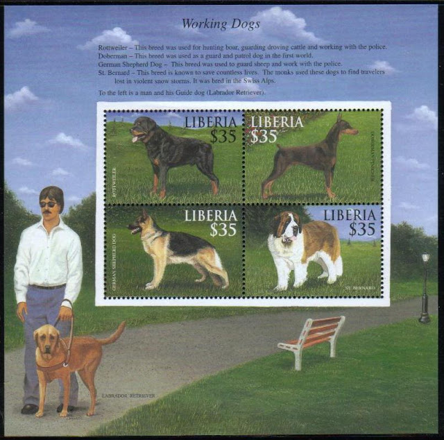 年度不明リベリア共和国 働く犬 ロットワイラー ドーベルマン シェパード セント・バーナード ラブラドール・レトリーバーの切手シート