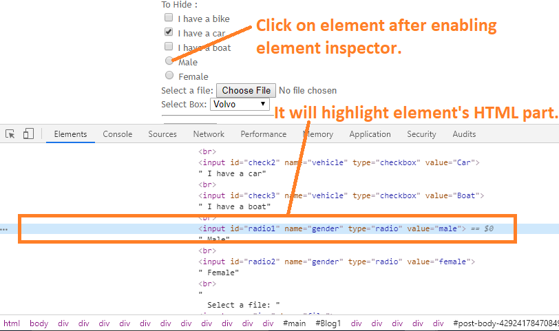 How to find XPath/CSS selector in chrome and evaluate it with example