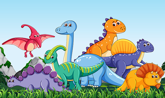 Grupo de Dinosáurios cartoon de cuento infantil y vivos colores
