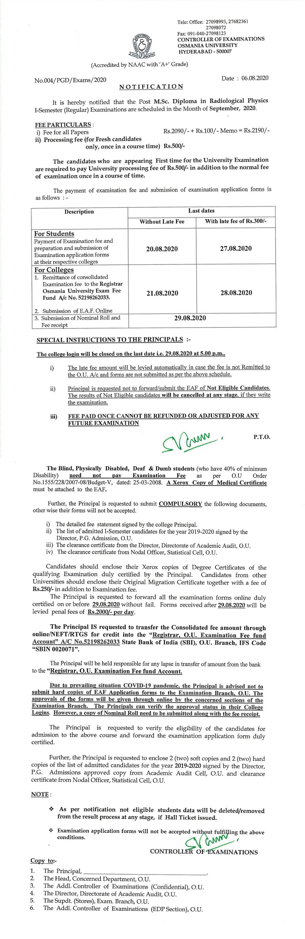 Osmania University M.Sc Diploma in Radiological Physics 1st Sem Sep 2020 Exam Fee Notification