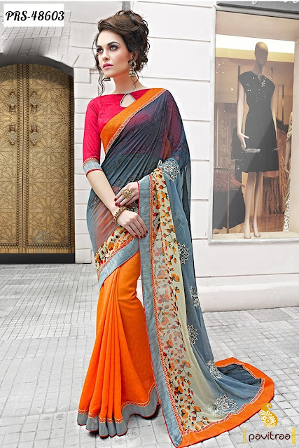 Diwali special and wedding wear orange silk embroidery saree online with exciting discount offer deal at pavitraa.in