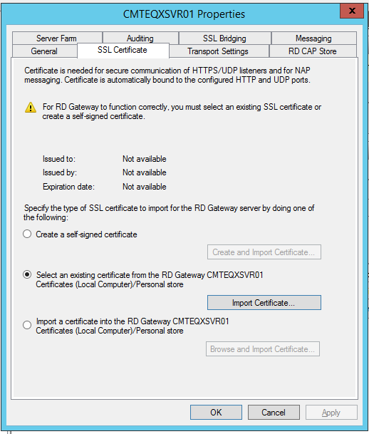 Import cert. Remote desktop Gateway. RDGW. SSL bridging. Types of SSL Certificate.