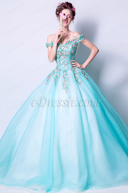 water green off shoulder embridery prom ball gown
