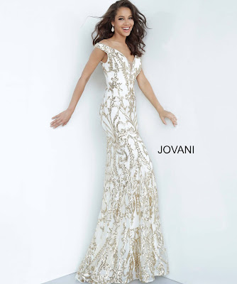 White/Gold Off the Shoulder Embellished Jovani Red Carpet Dress