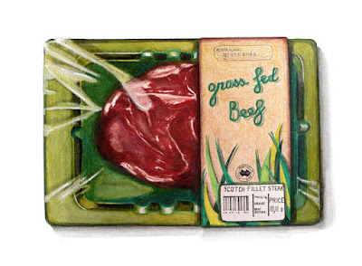 Dessin de l'artiste 1011 de la série "Pouvoir d'achat" barquette verte "grass fed beef" ( boeuf nourrit à l'herbe)