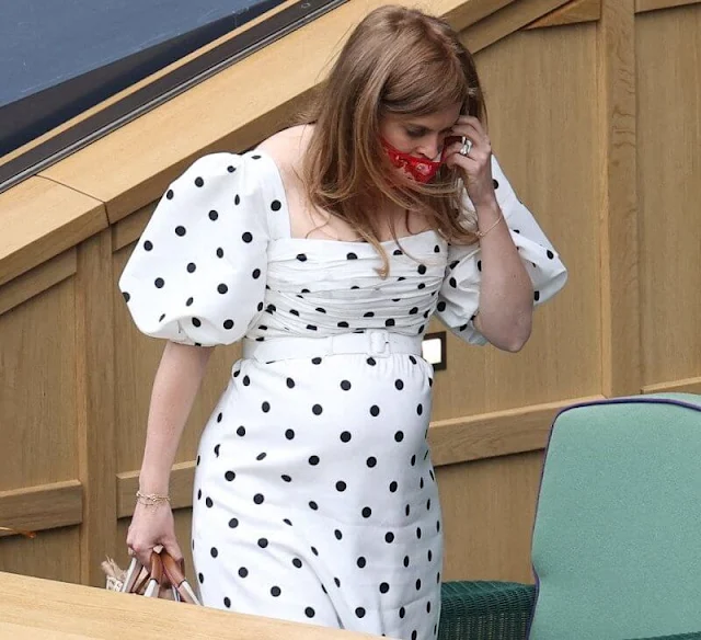 The Countess of Wessex wore a polka dot dress by ME+EM. Princess Beatrice wore a new puff-sleeve midi dress by Self Portrait