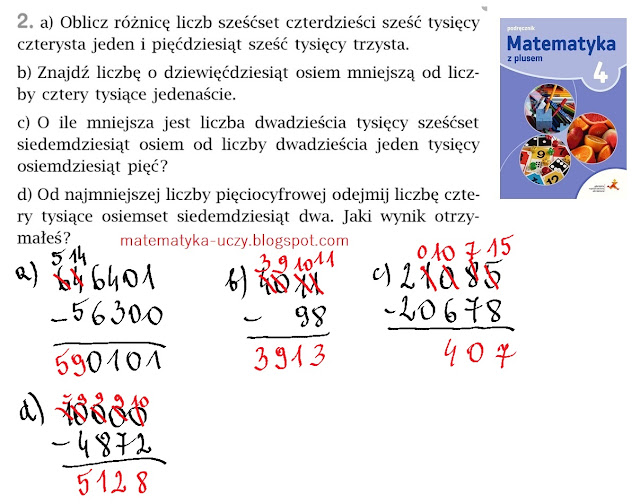Zad. 2 i 3 str. 96, 97 "Matematyka z plusem 4" Odejmowanie liczb sposobem pisemnym.