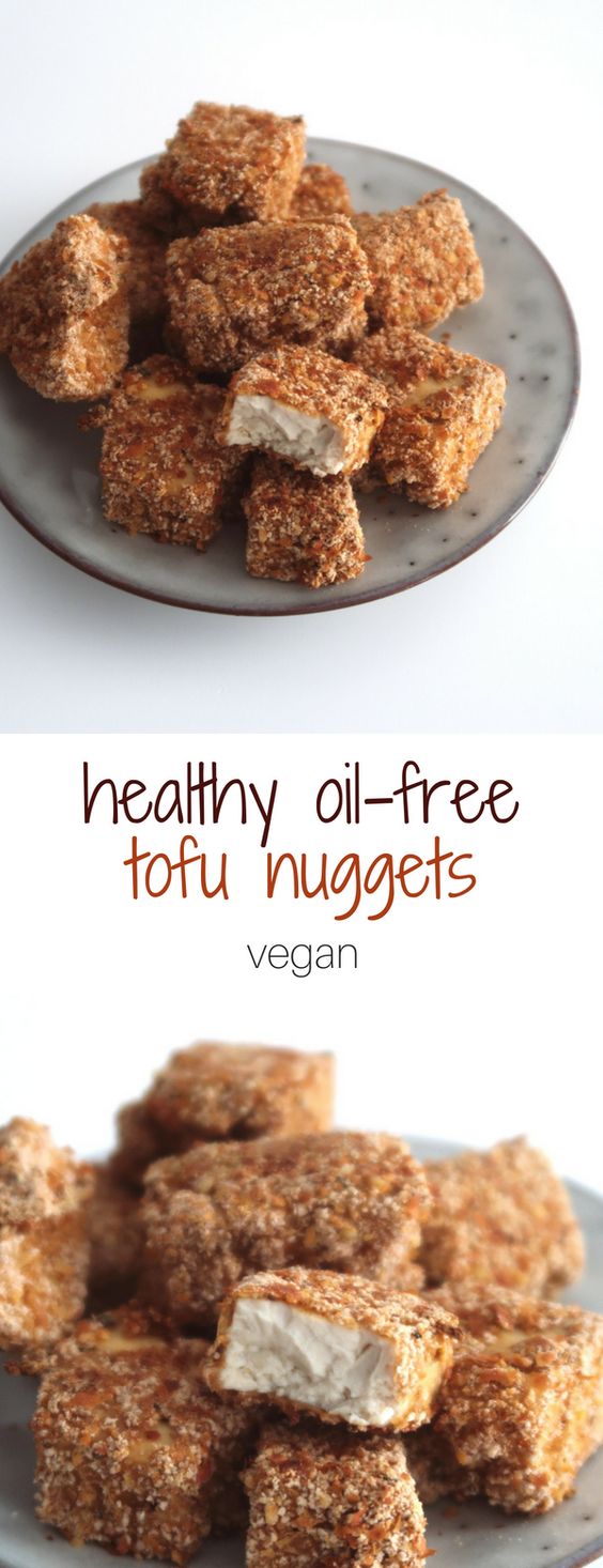 These healthy vegan tofu nuggets are not only oil-free and crispy, they also have the perfect chewy texture. We bake them in the oven instead of frying them.
