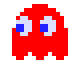 Red ghost from original arcade version of Pac-Man, set against a transparent background, pixellated.