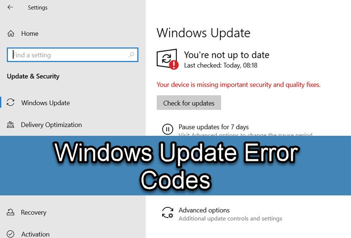 รหัสข้อผิดพลาดของ Windows Update