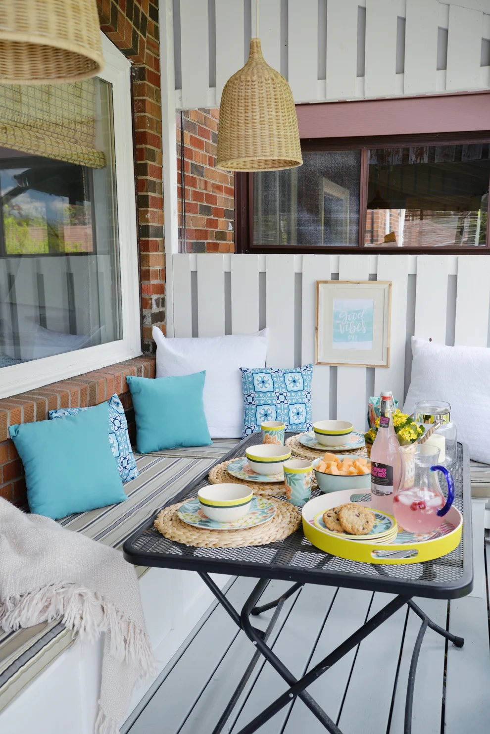 Rambling Renovators | tropical decor, outdoor porch, blue white rattan decor