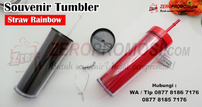 Jual Tumbler Straw Rainbow WB-121 untuk souvenir kantor, barang promosi dengan custom logo, Tumbler Straw Rainbow + Sablon 500ML WB121, tumbler botol plastik straw rainbow custom