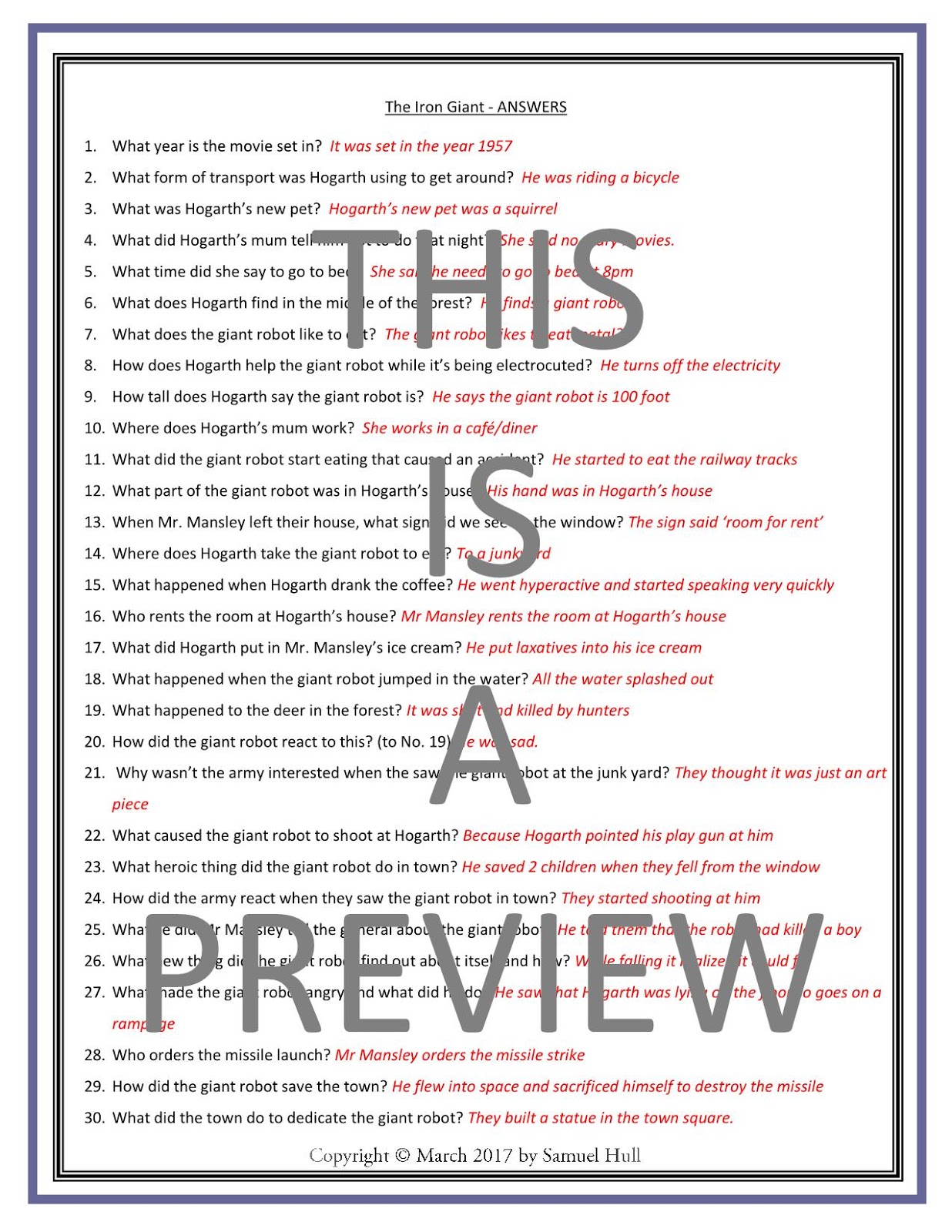 The Iron Giant Movie Guide + Activities Answer Key Inc (Color + Black