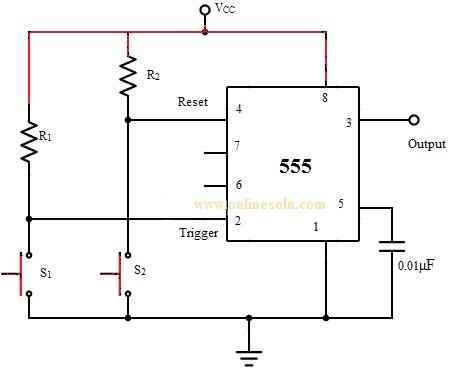 555 Timer IC When configured as bistable multivibrator.