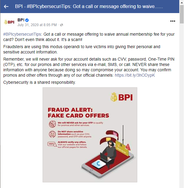bpi warning about waive annual fee scam