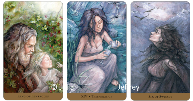 Tarot of the Hidden Realm, King of Pentacles, Temperance, Six of Swords, Julia Jeffrey